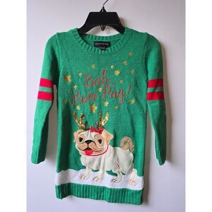 Kid's Green Christmas Pug Knit Sweater Size XL 6X